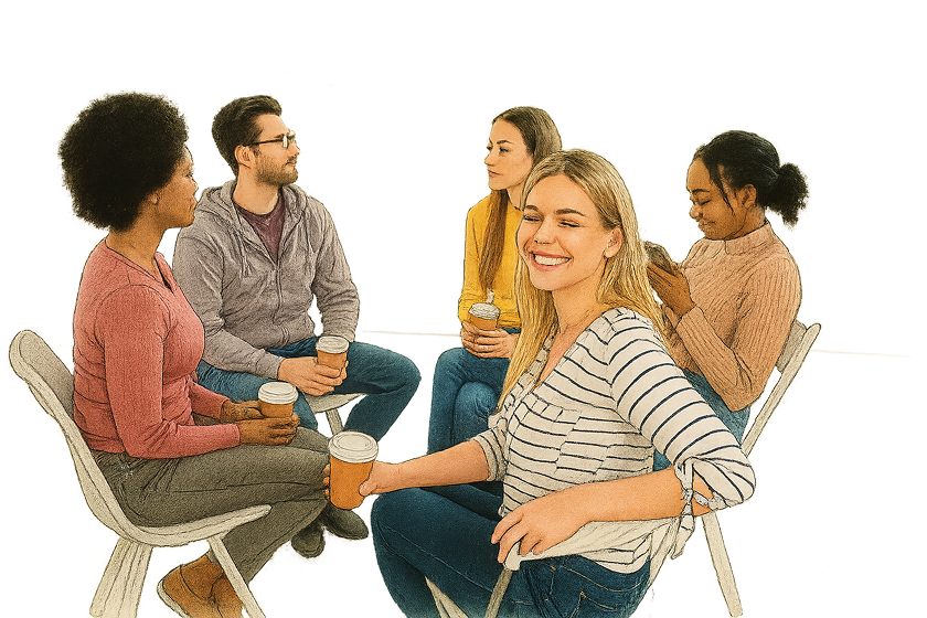 obrazek przedstawia grupę dorosłych osób siedzących w kółku, symbolizuje to zajęcia dla dorosłych